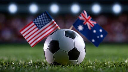 Naklejka premium Soccer ball on stadium grass between United States vs Australia national flags, international football match concept under dramatic stadium lights
