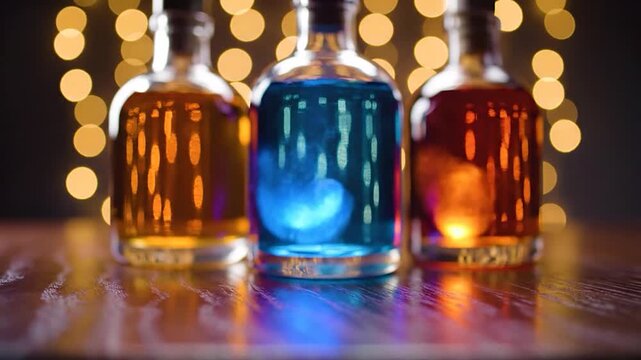 Three colorful liquor bottles including one with glowing blue liquid sitting on a wooden bar counter with warm bokeh background lights