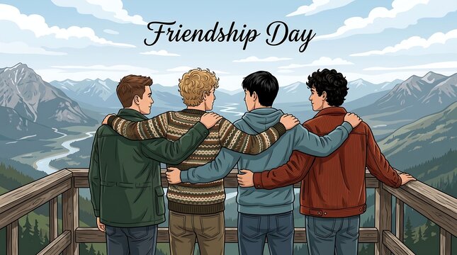 Male friends group on mountain viewpoint. Vector adventure art