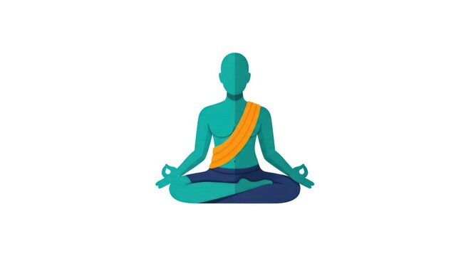 Meditating figure in lotus pose with orange sash flat illustration