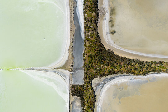 Crusty shoreline edges around a cross shaped levee bank at a salt farm