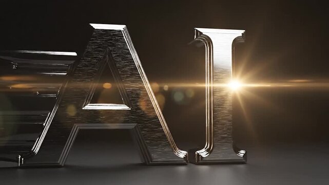 Three dimensional chrome AI text with motion blur and glowing lens flare on a dark background