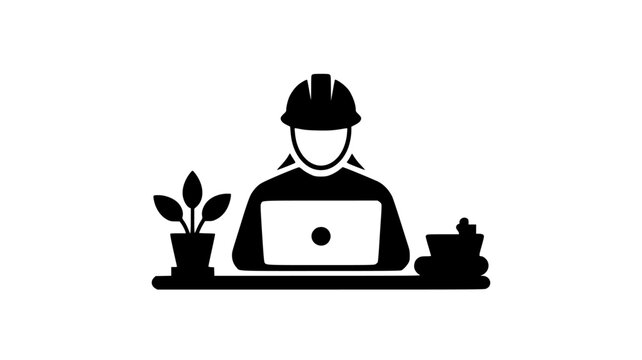 Construction Engineer Working on Laptop at Desk Vector Silhouette Illustration