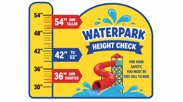 Waterpark height check graphic with waterslide and measurement chart