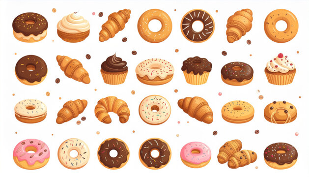 Bakery Food Vector Collection with Croissant Baguette Donut Cupcake Bread and Cookies