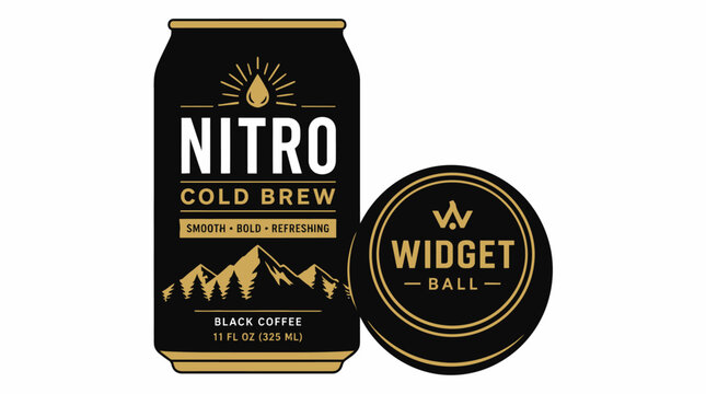 Vector illustration of a nitro cold brew coffee can with mountain landscape and matching circular emblem