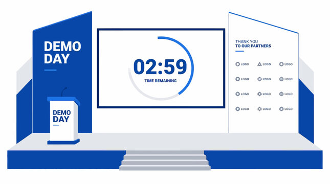 Demo Day stage with podium and countdown timer, modern graphic element