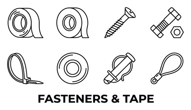 Fasteners and tape set including duct tape electrical tape cable ties screws bolts nuts.