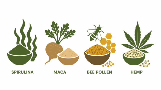 Healthy organic superfoods collection with spirulina, maca, bee pollen, and hemp ingredients