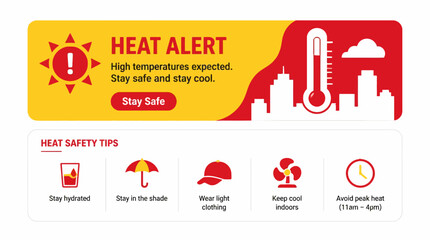 Heat alert banner with safety tips and thermometer graphic, vector illustration © rexus