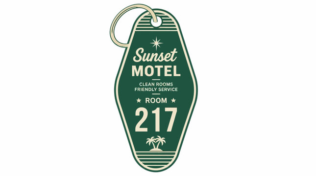 Retro motel key tag with "Sunset Motel" and room number 217, vintage graphic element