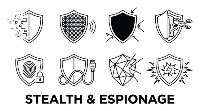 Outline icons for stealth and espionage technology, showing shields, locks, and data interfaces.