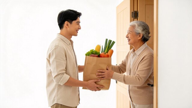 Young man delivering groceries to elderly woman