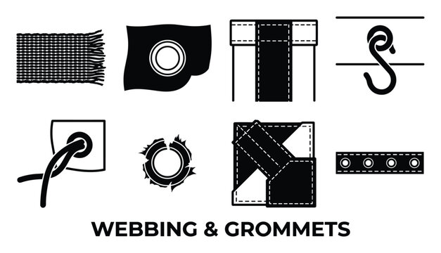 Set of black and white vector icons illustrating webbing strips grommets and hooks for hanging applications.