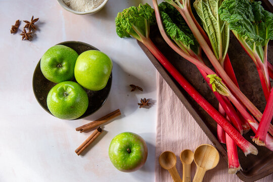 Forced rhubarb and cooking apples with spice and sugar.
