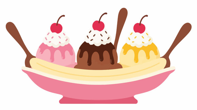 Sweet banana split dessert with three scoops of ice cream, cherry on top, flat vector illustration