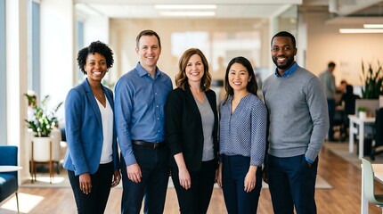 Fototapeta premium Five smiling professionals stand in a modern office space. They radiate confidence and teamwork in a bright, airy environment. Natural light floods the room, enhancing the welcoming atmosphere