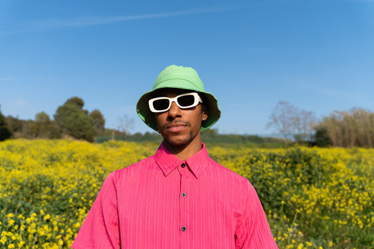 Man Standing Flower Field
