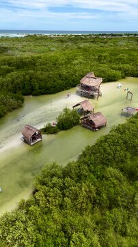 Aerial view of Isla Columpios in Chuburna, Yucatan, Mexico, showing rustic palapas and water swings surrounded by mangroves in a sunny day, Pull-away orbit vertical drone shot