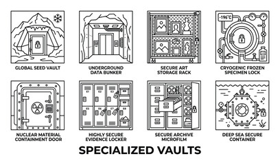 Naklejka premium Specialized vaults collection including seed vault bunker art storage cryogenic specimen nuclear containment evidence.