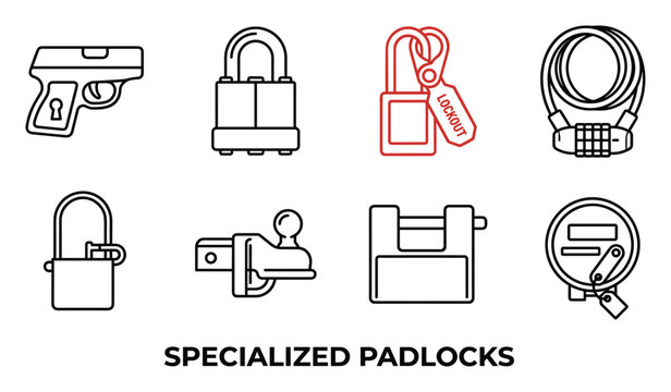 Specialized padlocks set including gun padlock hitch lock and cable lock isolated on white background vector.