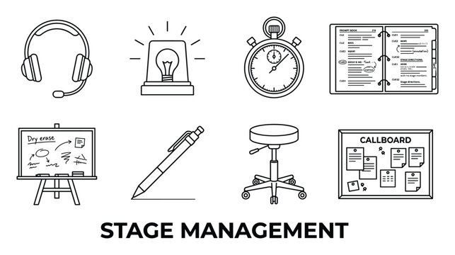 Stage management items and operational tools for theatrical production vector line art icons.