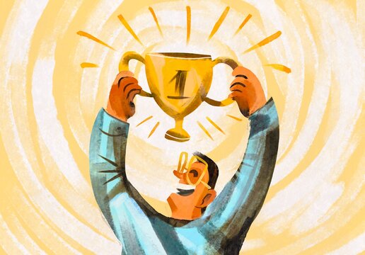 Man Celebrating Victory Holding Trophy Number One