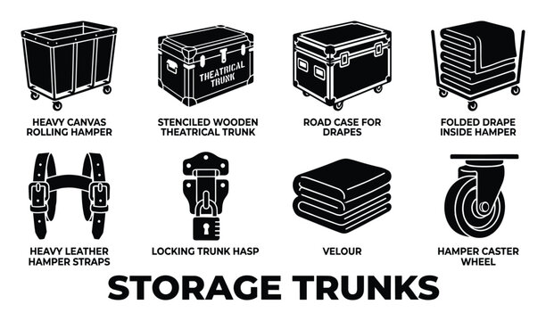 Storage trunks and transport equipment set solid black icons for theater production and travel.
