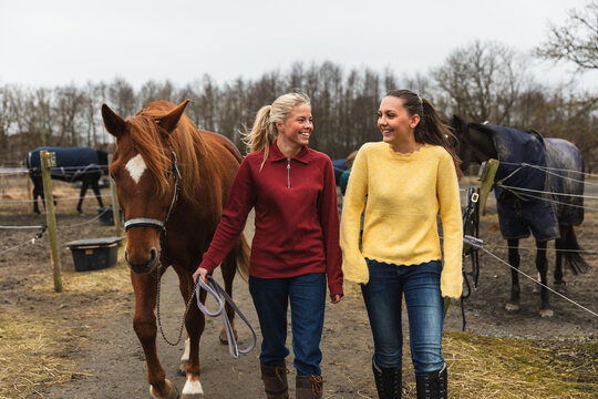 Happy Female Equestrians Walking a Chestnut Horse Outdoors