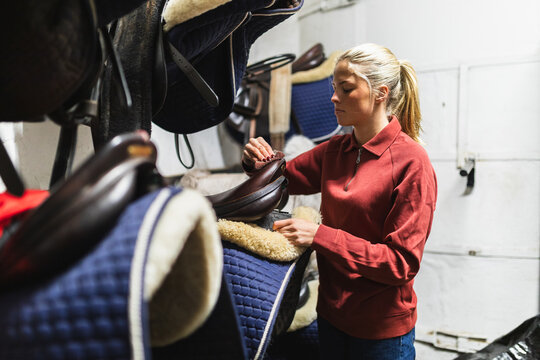 Female Equestrian Cleaning and Maintaining Saddle Pads in Tack Room