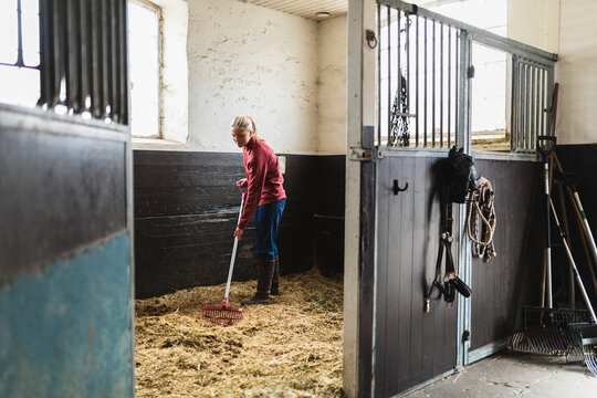 Woman Mucking Out a Horse Stall with Pitchfork