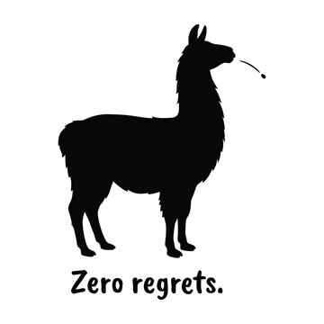 Black silhouette of a llama chewing on a blade of grass with the text zero regrets written underneath it