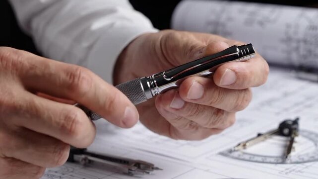 Engineer holding drafting pen over blueprints