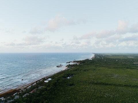 Long jungle coastline view of Tulum Mexico Caribbean shore