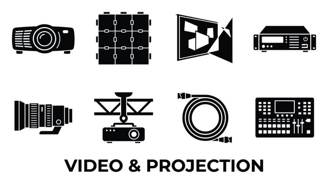 Video and projection equipment collection projector camera lens switcher cable reel spotlight lighting equipment vector icons.