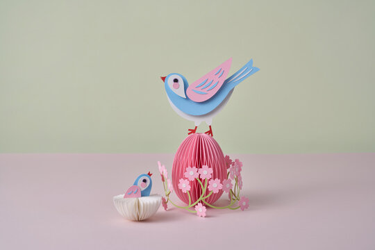 Paper spring craft bird family easter scene