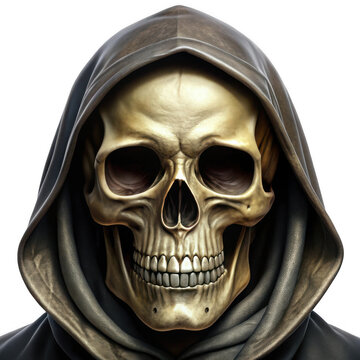 Golden skull in hooded cloak smiling eerily