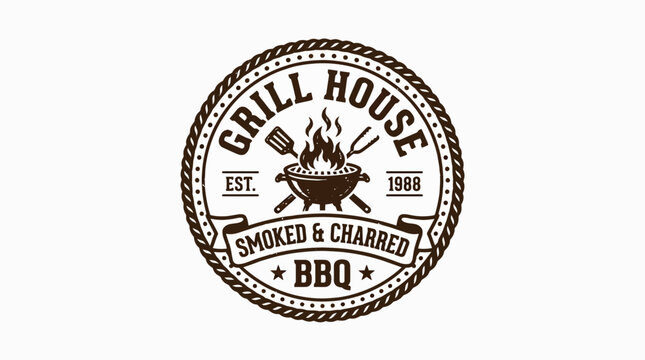 Grill House BBQ emblem with fire and utensils, establishing 1988, vector graphic