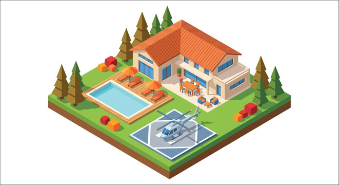 house with pool and helicopter vector illustration building residence swimming