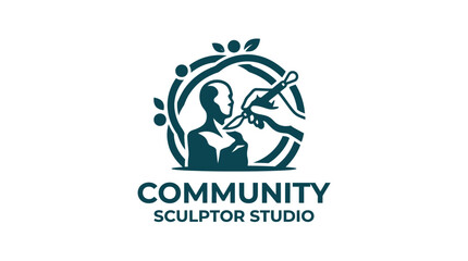 Fototapeta premium Sculptor's hands shaping a bust within a circular leafy frame, representing community art studio