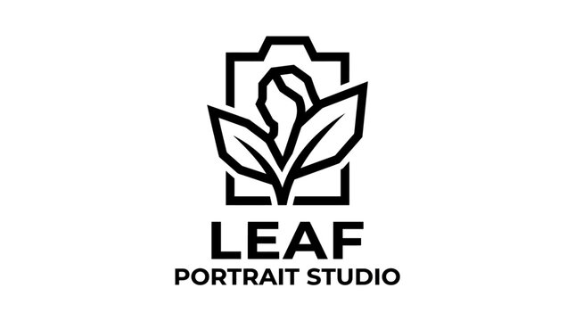 Modern vector logo for "Leaf Portrait Studio" featuring a stylized leaf inside a camera frame.