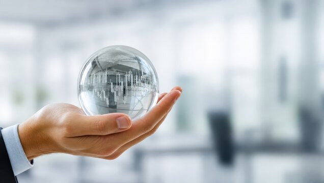 Crystal Ball of Fortune: A hand elegantly holds a crystal ball reflecting a cityscape, symbolizing foresight, future, and urban possibility in a modern business setting.