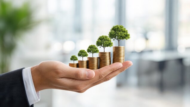 Growth Investment: A hand holds a stack of coins with trees growing on them, symbolizing financial growth and investment in a blur background.