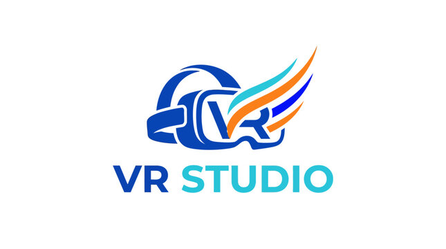 VR Studio logo with headset and wings on white background