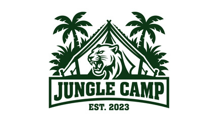 Obraz premium Jungle camp logo with tiger and palm trees, graphic element, vector illustration