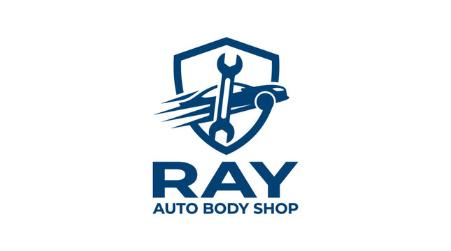 Car repair logo with wrench and car silhouette inside shield, automotive service graphic