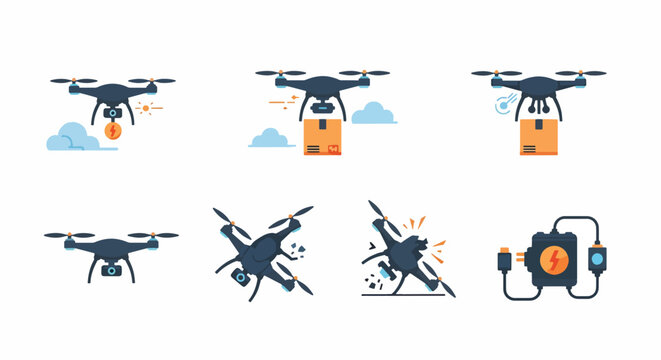 Drone delivery and drone crash flat vector illustrations set.