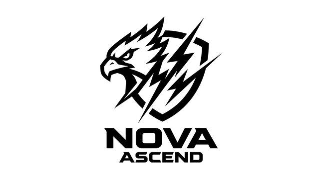 Vector emblem with eagle head and lightning bolts on shield, "NOVA ASCEND" text
