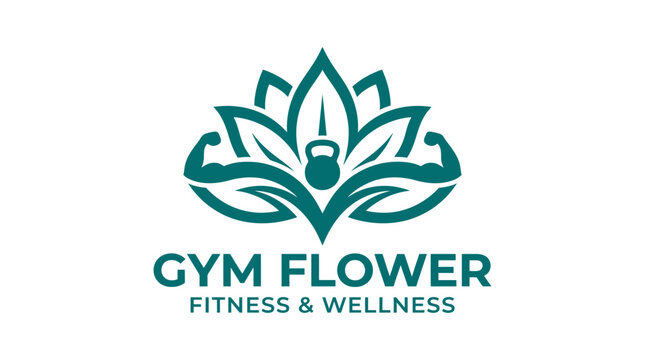 Fitness logo with kettlebell, flexing arms, and lotus flower graphic