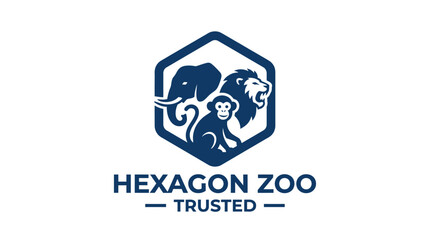 Zoo logo with elephant, lion, and monkey inside hexagon graphic element © motherpixel